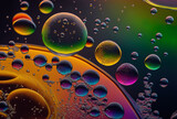 Transparent, vibrant oil droplets close up on an abstract background created by a neural network. Generative AI