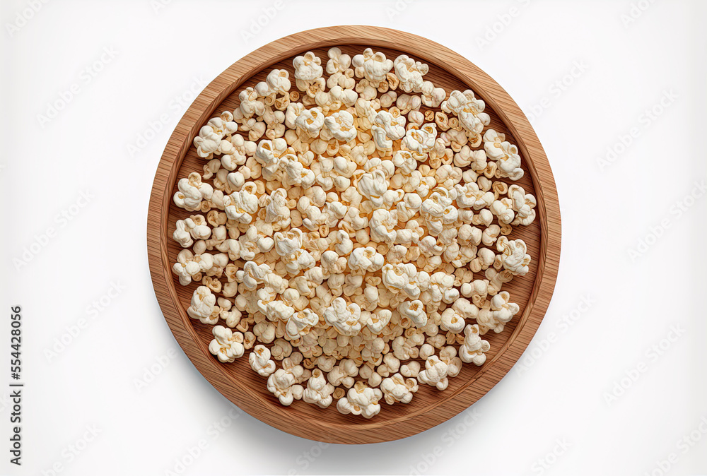 Top view of a wooden bowl filled with popcorn on a white background. Generative AI Top view of a wooden bowl filled with popcorn on a white background. Generative AI