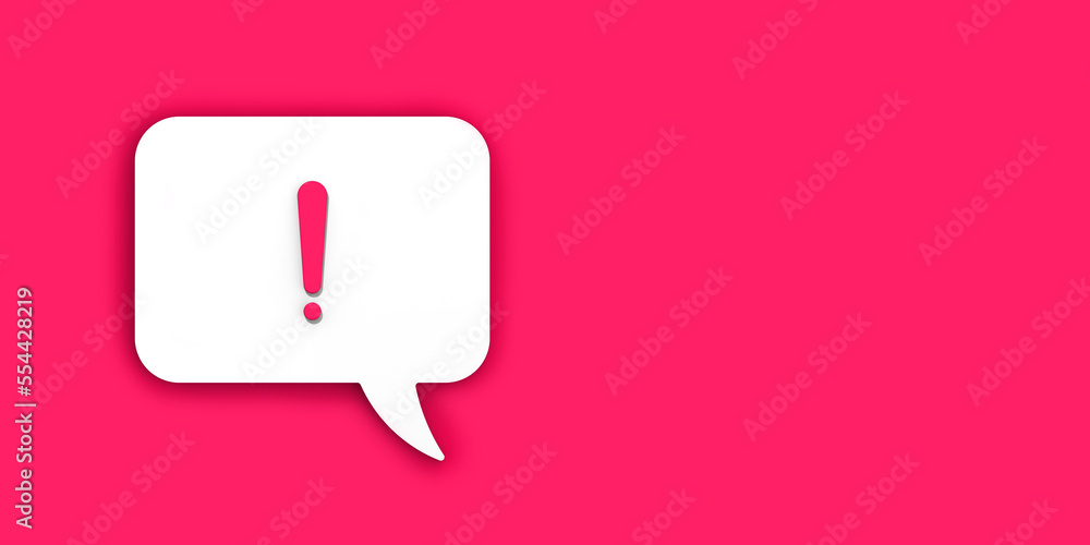 red exclamation mark on a white message board. Alarm signal in the phone. Danger alert. Message on a red background. Horizontal image. Banner for insertion into site. 3D image. 3D rendering. red exclamation mark on a white message board. Alarm signal in the phone. Danger alert. Message on a red background. Horizontal image. Banner for insertion into site. 3D image. 3D rendering.