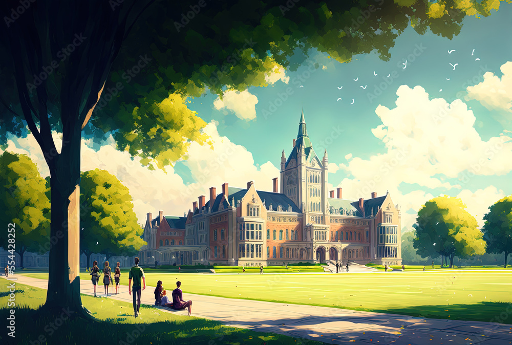 Landscape of a university building, students strolling, and a young couple sitting on grass. Campus with beautiful skies, green grass, and trees. individuals studying, a college, and an educational se - obrazy, fototapety, plakaty 