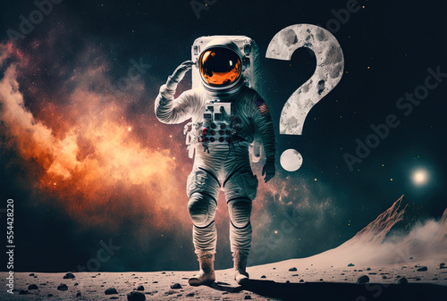 a spaceman holding up a question mark. Generative AI