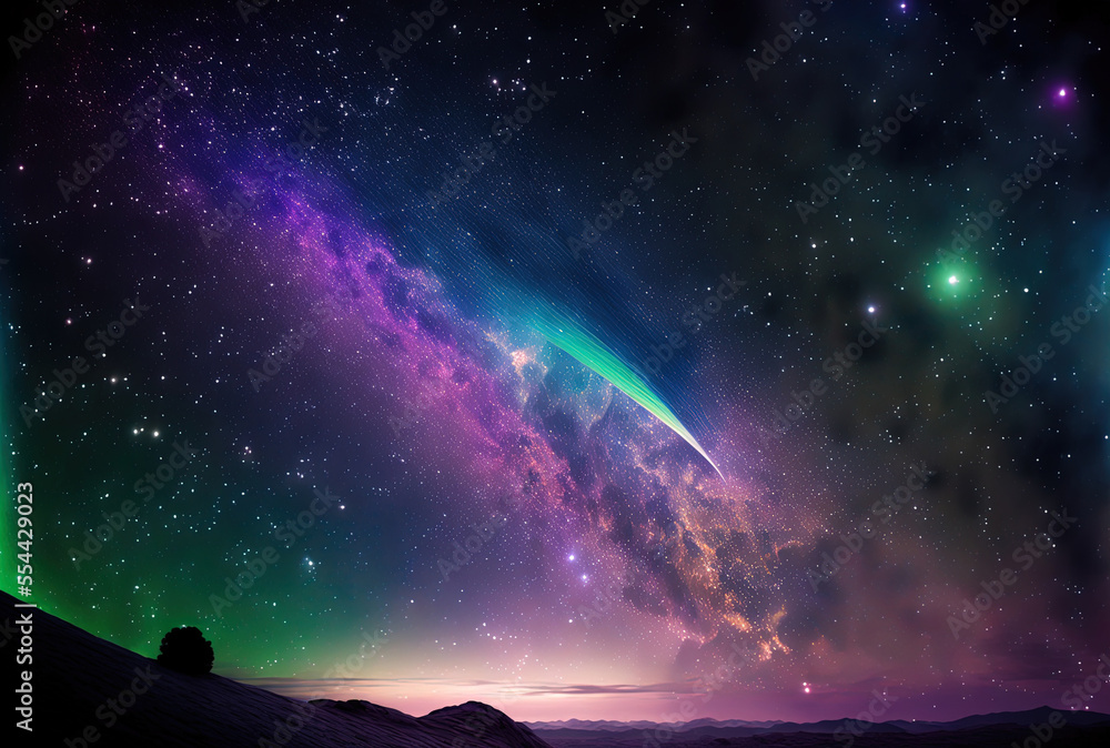 Sky at night, comet dust, nebula, and stars falling, with cosmic flares of blue, lilac, and green. Generative AI