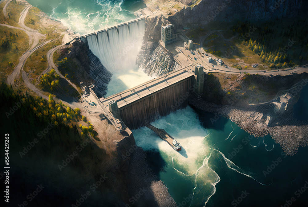 Aerial view, a hydroelectric dam on a river, and water being released from a reservoir. Generative AI - obrazy, fototapety, plakaty 