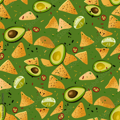 Mexican food with spices. A pattern of guacamole sauce and nachos in a falling mix on a green background. Suitable for printing on textiles and paper. Banner, flyer, packaging