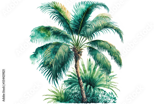 A watercolor hand drawing of a palm tree in beautiful brilliant charming green tropical amazing great hawaiian floral and herbal summer design. Perfect for wrapping paper, textiles, wallpapers, and gr © 2rogan