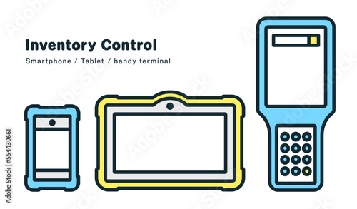 在庫管理業務に使う機器3点。スマートフォン・タブレット・ハンディターミナルのイラスト。
