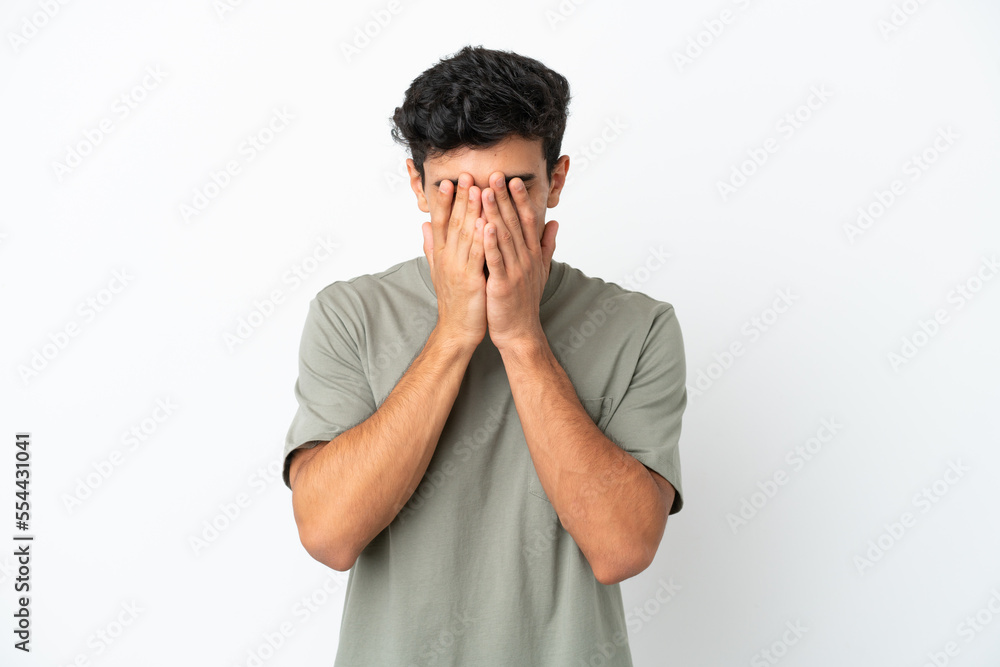 Young Argentinian man isolated on white background with tired and sick expression Young Argentinian man isolated on white background with tired and sick expression