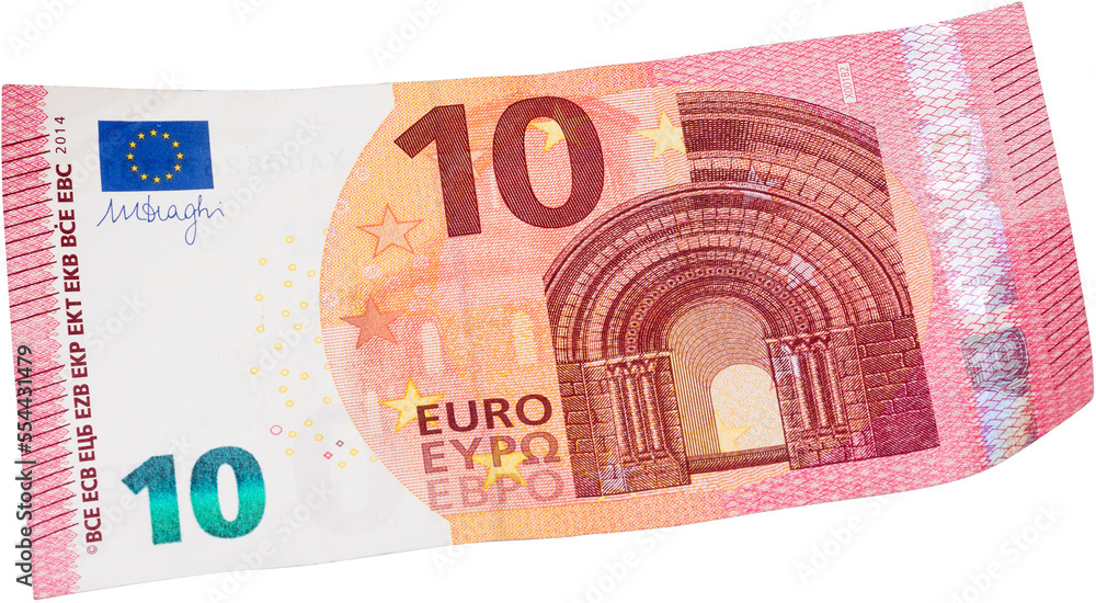 Old used ten euro banknote on white background. Ideal content for creating business concepts, economic and financial news. Old used ten euro banknote on white background. Ideal content for creating business concepts, economic and financial news.