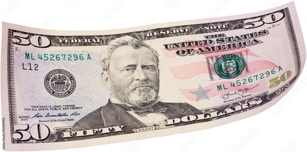 Fifty dollar banknote on white background. Ideal content for creating business concepts, economic and financial news.