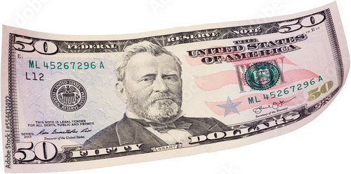 Obraz na płótnie Fifty dollar banknote on white background. Ideal content for creating business concepts, economic and financial news. w salonie