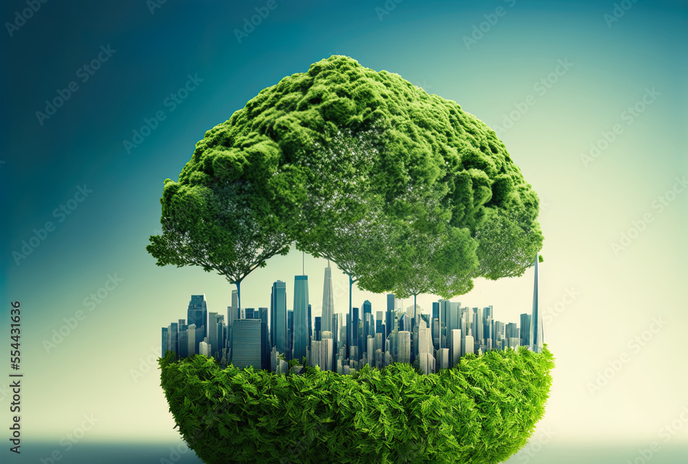 Asia Business model for corporate development, real estate, and ecological gazing up view of the contemporary city skyline in Shinjuku, Tokyo, Japan, with a blue sky and a green tree. Generative AI
