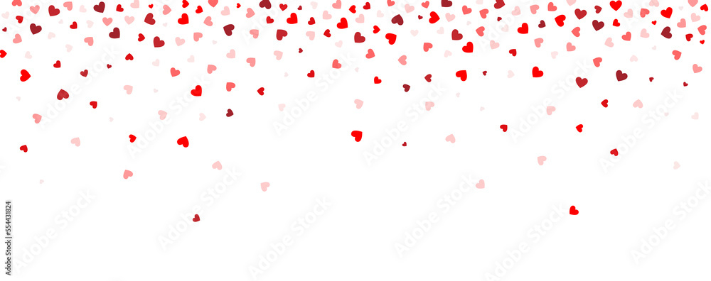 Background consisting of falling, flying small red hearts on a white background. Background for lovers, for Valentine's Day, wedding. Heart pattern, confetti.
