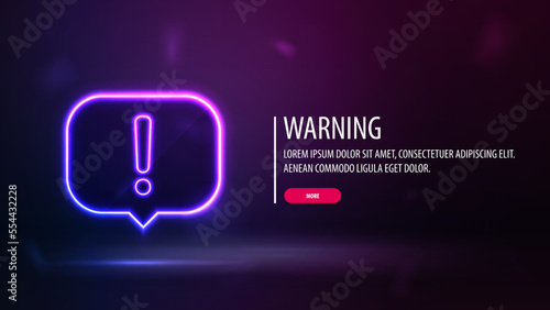 Purple poster with neon warning logo and title with button on blurred background.