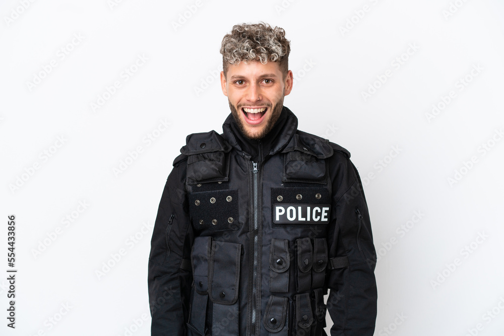 SWAT caucasian man isolated on white background with surprise facial expression SWAT caucasian man isolated on white background with surprise facial expression