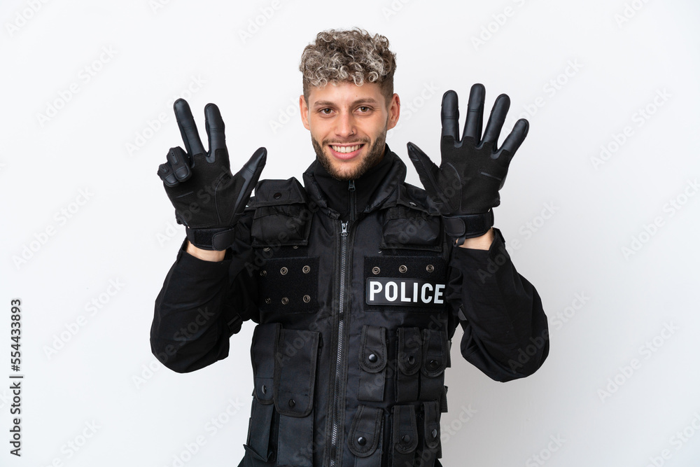 SWAT caucasian man isolated on white background counting eight with fingers SWAT caucasian man isolated on white background counting eight with fingers
