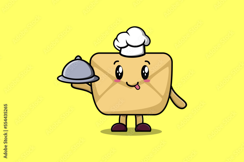Cute Cartoon chef Envelope mascot character serving food on tray cute style design illustration