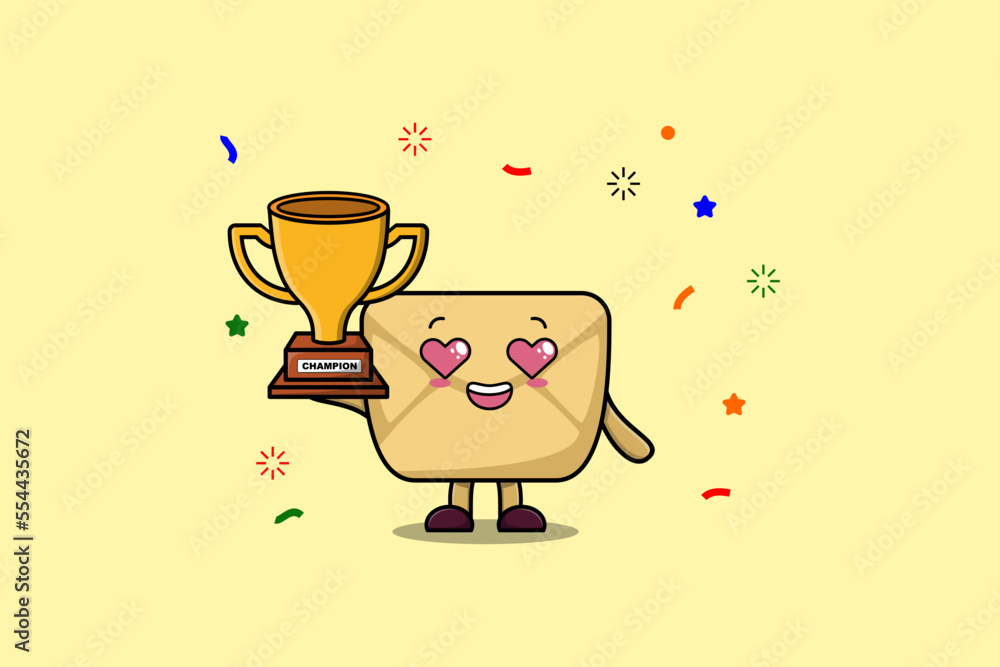 Cute Cartoon character illustration of Envelope is holding up the golden trophy in illustration Cute Cartoon character illustration of Envelope is holding up the golden trophy in illustration