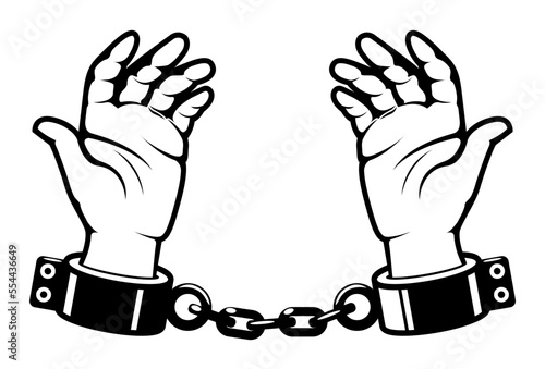 Man hands with shackles on wrists, slave handcuffed, prisoner fetter, encumbrance or debt concept , vector photo