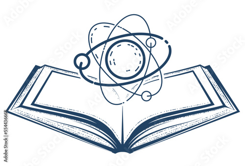 Science and knowledge, open book with atom or molecule, scientific research and education, vector