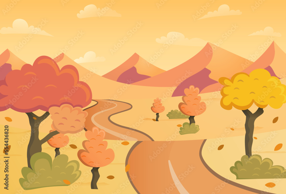 vector illustration Autumn mountain path scenic background design. Autumn Landscape Background Vector