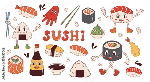 Vector sushi set in retro style. Sushi, wasabi, soy sauce, onigiri and fried shrimp. Groovy sushi mascots. Collection of japanese food.