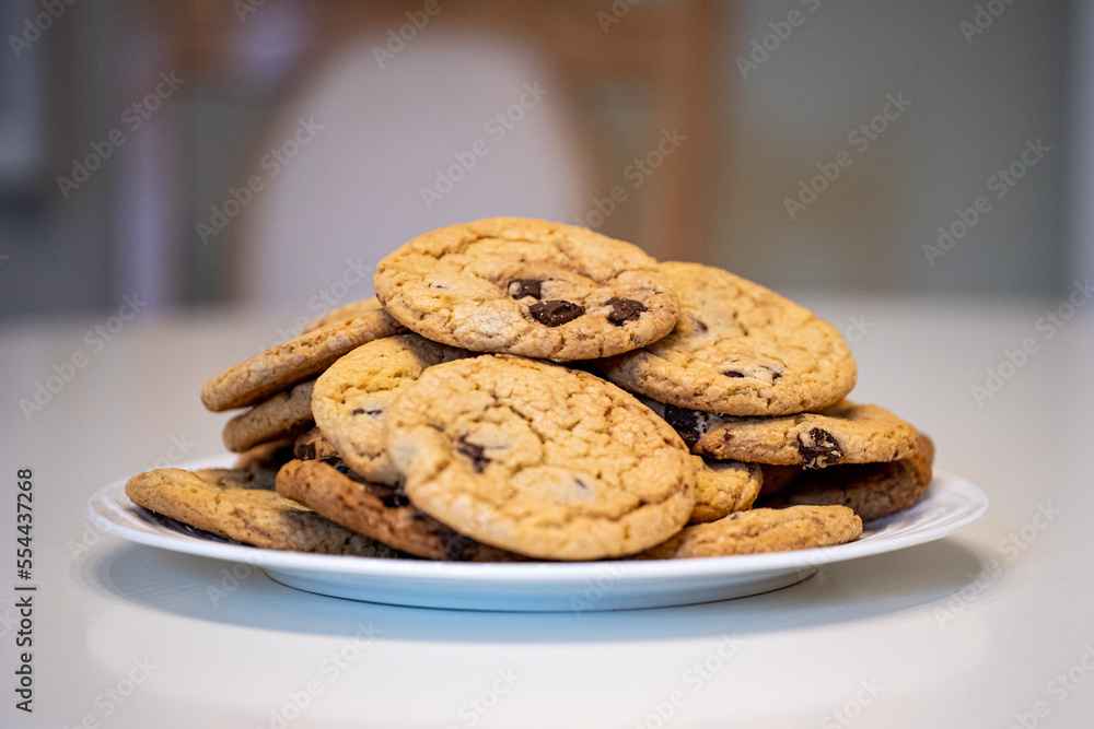 Pile of Chocolate Chip Cookies on a Plate. Isolated Asset