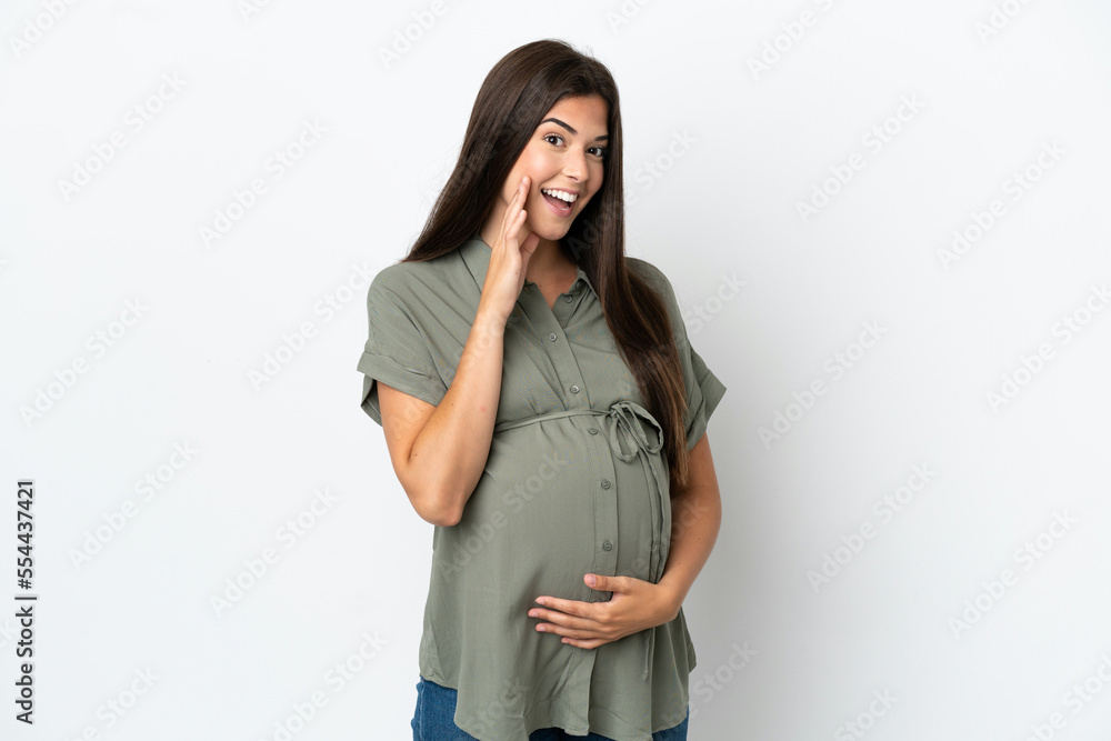 Young Brazilian woman isolated on white background pregnant and shouting Young Brazilian woman isolated on white background pregnant and shouting