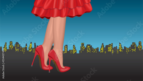 Lovely lady in red high heel shoes. Nice dressed in red skirt. City in background. Vector illustration.
