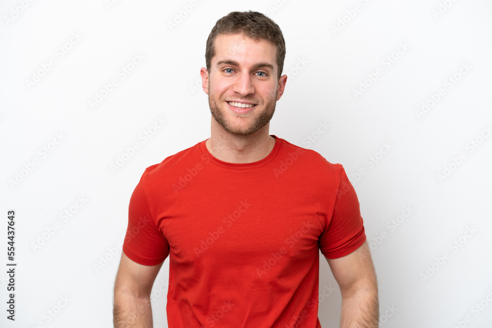 Fototapeta premium Young caucasian man isolated on white background laughing