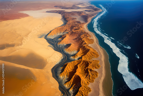 Print op canvas Aerial view of the Skeleton Coast, South Africa, Namibia, and the location where the Namib Desert and the Atlantic Ocean meet