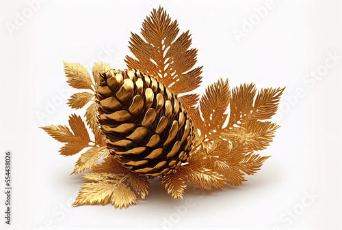 gold leaf with a pinecone. decorating for Christmas. Isolated on a white background. Generative AI