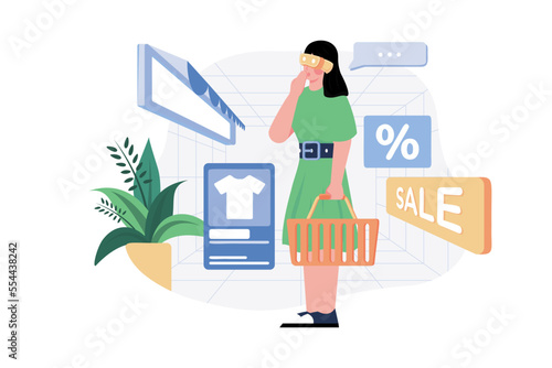 Woman wearing VR glasses having 3D experience in shopping in the metaverse.