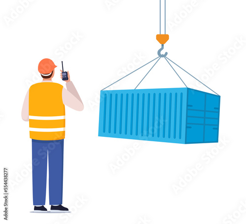 Dock worker. Loading freight container. Cargo shipping service. Warehouse male worker in hard hat with walkie talkie radio. Vector illustration.