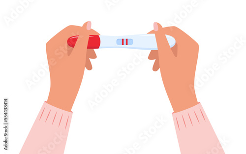 Pregnancy test with two lines in women's hands. Positive pregnancy test result. Planning a baby, motherhood, healthcare. Vector illustration.