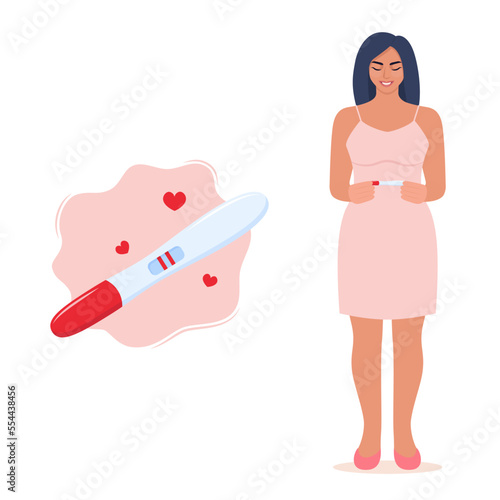 Woman looking at pregnancy test positive result with happiness. Positive pregnancy test result. Planning a baby, motherhood, healthcare. Vector illustration.