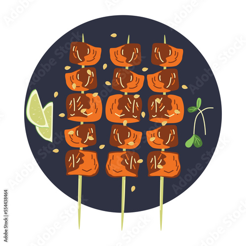 Chicken kebab in teriyaki sauce on a white background. Asian food. Vector illustration for restaurants, menus, decor
