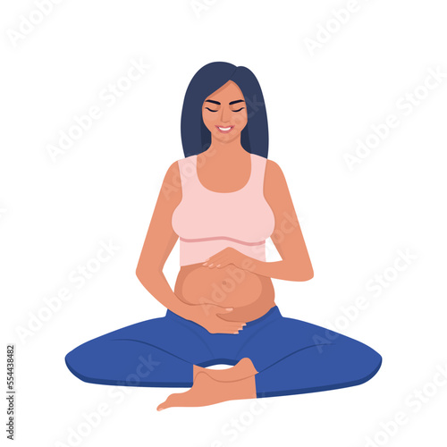 Pregnant woman makes yoga and meditation. Pregnant women in lotos pose. Prenatal yoga. Concept pregnancy, motherhood, health care. Vector illustration.