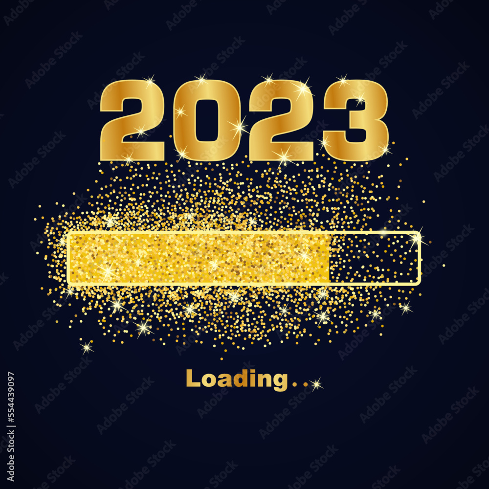 Loading new year 2023. Greeting card bright sparkles. Gold dust loading