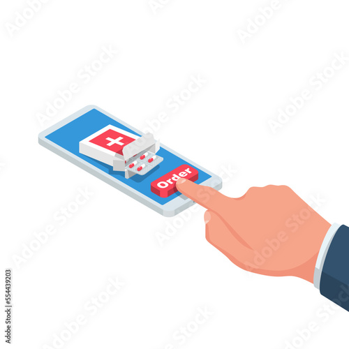 Order pills online. Man with a smartphone makes the order of medicines. Vector illustration isometric design. Isolated on white background.