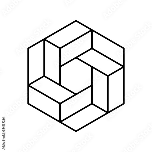 Linear impossible hexagon symbol. Penrose geometric shape. Infinity, endless concept. Esher geometric object made of 3D rectangles. Intertwined isometric design elements. Vector illustration, clip art