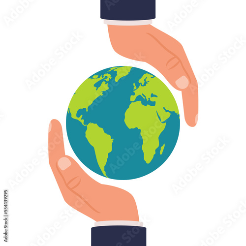 Human hands holding globe. Planet in hands man. Vector illustration flat design. Protection concept.