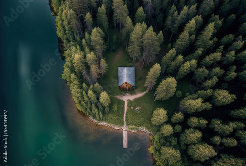 aerial view of a wooden cabin in a pine forest beside a lake in rural Finland during the summer. Generative AI