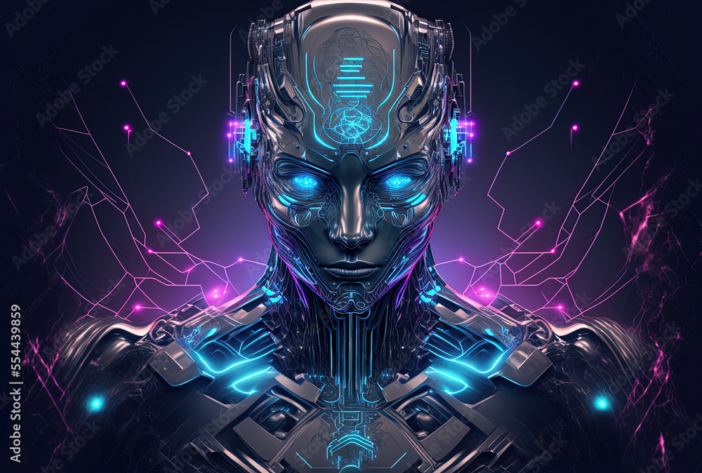 cyborg abstract furistic holographic technology with a tron crypto face. Generative AI - obrazy, fototapety, plakaty 