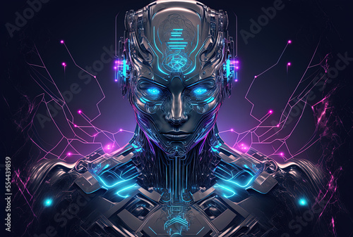 cyborg abstract furistic holographic technology with a tron crypto face. Generative AI photo