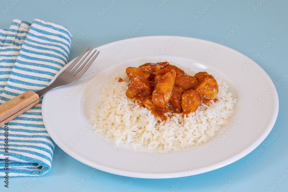 morceaux de poulet sauce tomate et curry accompagné de riz blanc en gros plan dans une assiette