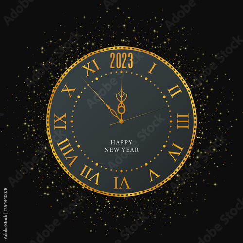 Happy New Year 2023 Background. Gold watch. Countdown to New Year. Vector banner