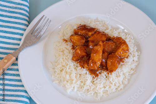 morceaux de poulet sauce tomate et curry accompagné de riz blanc en gros plan dans une assiette