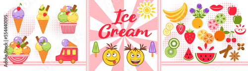 Set of ice cream objects, fruits, emoji in simple minimal style. Radial background with lace band, text and sun.