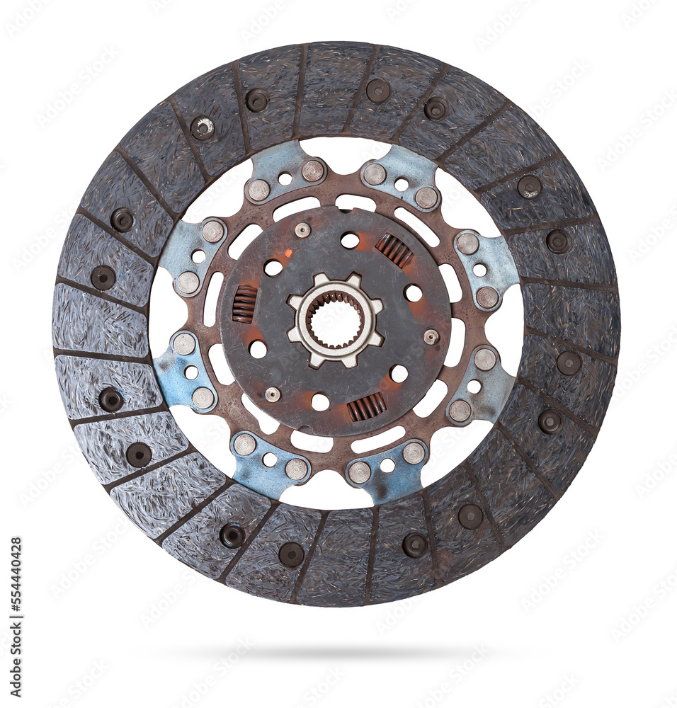 Set of replacement automotive clutch isolated on white background. Disc and clutch basket with release bearing..