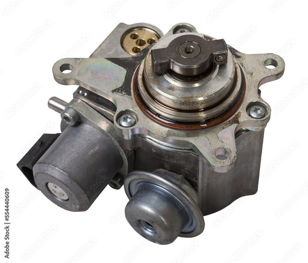 A unit for pumping liquid fuel and creating the high pressure in the line - a car fuel injection pump for sale at market or for repair in a workshop. A unit for pumping liquid fuel and creating the high pressure in the line - a car fuel injection pump for sale at market or for repair in a workshop.